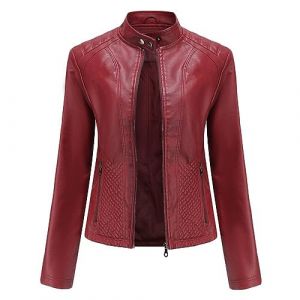 YFFUSHI Femme Veste en Simili Cuir Décontracté Style Motard PU Biker Blouson Cuir en Col Montant,Rouge,L (YUNCLOS STORE, neuf)