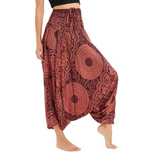 Nuofengkudu Femme Hippie Sarouel Combinaison Pantalon Bretelles Jumpsuit Taille Haute Large Boheme Fleuri Imprimé Leger Grande Thai Yoga Pants Homewear Coloré Ete Plage Roses Orange (better Life, neuf)
