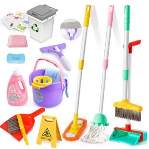 Kit de Nettoyage pour Enfants ,15 pièces de Jouets ménagers Set de Jeux de rôle, pour Les Tout Petits avec Balai Vadrouille Plumeau Pelle Brosses Chiffon,Nettoyage et ménage Jouets De Cadeau 3 Ans+ (jiashengxin EU, neuf)