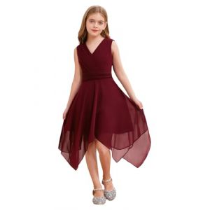 YiZYiF Enfant Fille Robe Princesse Habillée Mousseline Robes de Mariage Soirée Cocktail Cérémonie Asymétrique Col V sans Manches Robe Demoiselle d'honneur 7-16 Ans Bordeaux 13-14 Ans (Shifang, neuf)