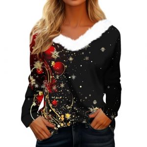Pull Noel Femme Col V Christmas Noir de Fete Glamour de Neige Chemisier Chic Et &Eacute;l&eacute;gant Manche Longue Soiree Tunique de Noel Renne de Nuit Chemise de No&euml;l Pull de No&euml;l Femme Noir M (MOKBAY, neuf)