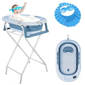 OHMG Baignoire bebe avec Support 85cm，Baignoire Pliable B&eacute;b&eacute; sur Pied，S&eacute;curis&eacute;e et Confortable Bassine Pliable Bebe avec Thermom&egrave;tre et Coussin de bain，Baignoire b&eacute;b&eacute; pliante (jusiZL, neuf)