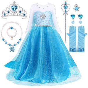 Robe Princesse , Elsa Déguisement avec Couronne Princesse Collier Ensemble, Bébé Fille, Jupe Tulle Longue Robe Elsa Reine des Neiges pour Anniversaire Cosplay Fête De Mariage (110) (PrettyGift-FR, neuf)