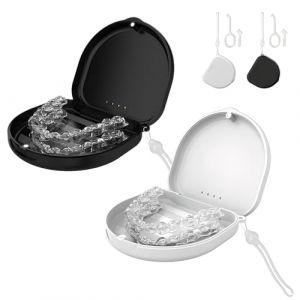 2 PCS Boite Gouttiere Dentaire,Boite Pour Gouttiere Dentaire Avec Bracelet En Silicone Et Trous D'a&eacute;ration, Bo&icirc;te Dentier Adulte &eacute;tui De Rangement Avec Outils De Retrait Et Brosse(Noir Blanc) (DJT2024, neuf)