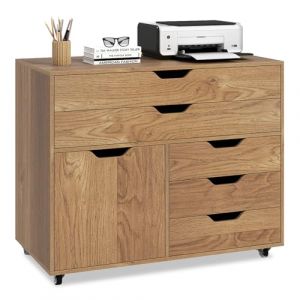 COSTWAY Caisson Bureau &agrave; roulettes 5 Tiroirs, &Eacute;tag&egrave;re R&eacute;glable, Caisson de Rangement pour A4, Lettre, Grand Placard, Support Imprimante 5 Roues avec 2 Frein (Naturel,77,5 x 40 x 64 cm) (FDS GmbH, neuf)