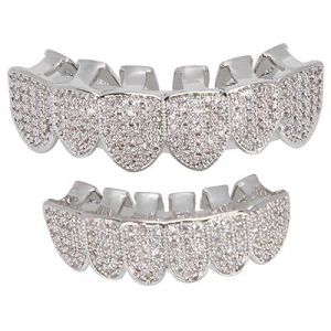 Accolades Grillz, dents Grillz, ensemble de dents de hip hop, ensemble de dents en diamant Microset, décoration de dents de hip hop, ensemble de dents de Grillz en cuivre enduit à froid(argent) (salmueu, neuf)