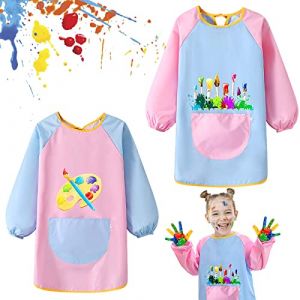 2 Pcs Blouse Peinture Enfant, Tablier Peinture Enfant avec 1 Grande Poche et Manches Longues, Tablier Manches Longues Enfant pour Peinture/Cuisine, Tablier Dessin Enfant en Polyester/PVC Imperméable (YX DI YI XIAOFEN, neuf)