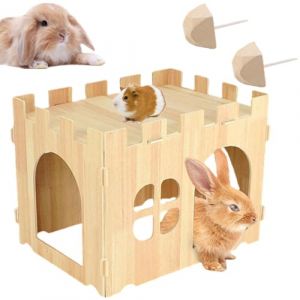 Maison Lapin avec terrasse spacieuse Hidey Cabane en Bois Amovible 40 * 30 * 28cm Lapins Habitats Intérieur pour Lapin Cochon d’Inde Chinchilla Hérisson Hamsters Gerbille,2 molaire Pierre. (BlueFZ, neuf)
