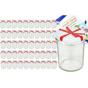 MamboCat Lot de 50 bocaux/pots à confiture en verre de 435 ml + couvercles blancs To 82 avec motif en forme de nœud + livret de recettes Diamant Gelierzauber [Français non garanti] (MamboCat, neuf)