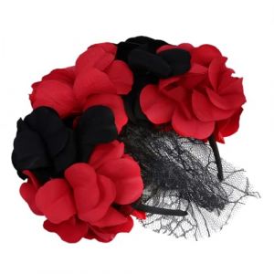 VERDANVERSE Bandeau Fleurs Noir et Rouge avec Voilette pour Halloween et Déguisement Jour des Morts Accessoire Floral Délicat et Pratique pour Fête et Cosplay (SLILi, neuf)