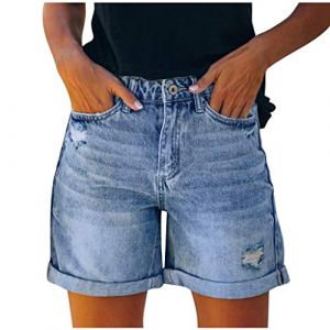 short en jean femme pas cher short &eacute;t&eacute; femme bermuda taille haute Ourlet jambe large stretch pli&eacute; Habill&eacute; Shorts D&eacute;contract&eacute;s Pour Femmes extensible Vetemnet Mode Randonn&eacute;e Pantalon Court (Blue, XL) (XNme SW, neuf)