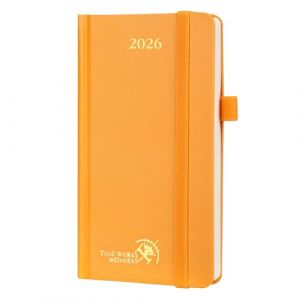 POPRUN Agenda de Poche 2026 Semainier 16,5 x 9 cm - Couverture Rigide, Petit Weekly Planner D'Jan 2026 à Déc 2026-12 Mois, Avec signet à 2 rubans, Papier 80 g/m², Orange (Time Works Wonders, neuf)