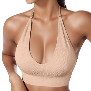 NaLatia Femme Soutien-Gorge de Sport Tour de Cou Brassi&egrave;re sans Armature Dos Nu Bra Rembourr&eacute; Push Up Crop Top Bustier avec Coussinets Amovibles pour Yoga Course Pilates (01 Beige, L) (GUnakd, neuf)