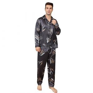 RuanMM Ensemble de Pyjama en Satin à Motif Noir pour Hommes, Haut Soyeux à Manches Longues et Pantalon Long, Ensembles de Pyjama à Boutons (XXL,Noir-4) (Shanghai PinShan Industrial Co., Ltd., neuf)