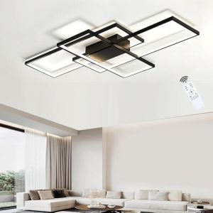 LIUYU Plafonnier Salon Moderne L140cm 95W Lustre LED Dimmable avec T&eacute;l&eacute;commande, Rectangulaire Aluminium Luminaire - Noir (LIUMANDM, neuf)