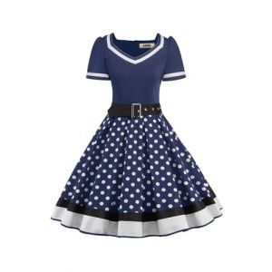 AXOE Femme Robe Vintage Année 50 Pin up Rockabilly Cocktail avec Ceinture Bleu Marine et à Pois Blanc, Taille 50, 4XL (AXOE-FR, neuf)