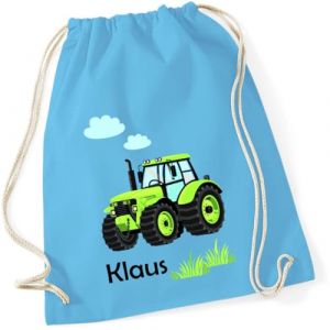 minimutz Sac de gym motif tracteur avec nom personnalisé - Sac en tissu pour garçon - Sac de sport à tirer - 12 l - 37 x 46 cm, [03] Bleu Surf, 37x46 cm (minimutz, neuf)