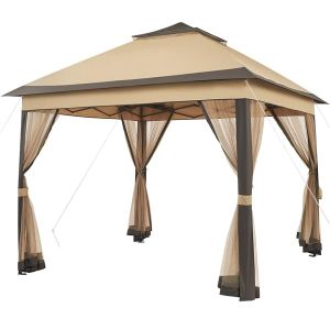 Yaheetech Tonnelle de Jardin avec Toiles Moustiquaires 3,3 x 3,3 m pour Camping Stand Commercial F&ecirc;tes Bistrot Bar Piscine Toile Imperm&eacute;able Couleur Kaki et Brun (Yahee365, neuf)