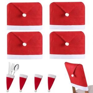 PUERHUACI Housse de Chaise Noel,4 Bonnet de Chaise No&euml;l Amovible Housse,avec 4 Porte Couvert Noel,pour D&eacute;corations de Table de D&icirc;ner de No&euml;l,Chapeau de Chaise D&eacute;corations (ELion, neuf)