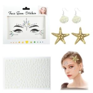 Accessoires de Deguisement Sir&egrave;ne Pince &agrave; Cheveux &eacute;toile de Mer Sirene Boucles d'oreilles Coquillage Autocollants Perles Strass Paillettes Visage pour Femme pour Carnaval Halloween F&ecirc;te Cosplay (4) (yuwenparty, neuf)