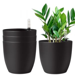 T4U 4 Pcs Pot à Réserve d'eau Rond en Plastique Noir 22 cm, Pot de Fleurs d’Extérieur et d'Intérieur avec Indicateur de Niveau d'eau Convient aux Jardins de Balcon (Mucihome-europe, neuf)