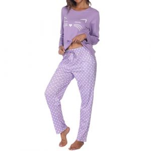 TeJoyce Pyjama Femme Hiver Coton, Ensembles de Pyjama Femmes Manches Longues Motif Chat et Pantalon &agrave; Pois avec Poches, V&ecirc;tements de Nuit Femme, Tenue de Maison Douce et Confortable S-XXL (TeJoyce-FR, neuf)