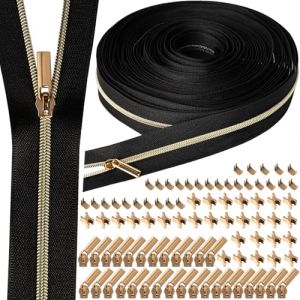 VOKABY 3# 9 M Fermeture Eclair au Metre,Comprenant 30 Tirettes de Fermeture &agrave; Glissi&egrave;re en M&eacute;tal,60 Boucles d'arr&ecirc;t Sup&eacute;rieures Inf&eacute;rieures de Fermeture &agrave; Glissi&egrave;re (Noir-Or) (VOKABY, neuf)
