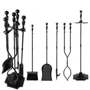 Amagabeli Garden Home Ensemble serviteur de cheminée 5 pièces Accessoire Outils cheminee Outil cheminée Serviteur poele a Bois Pelle Balai Pince Support Tisonnier Noir (Amaya Trade Store, neuf)