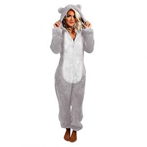 KQIVAM Pyjama Grenouill&egrave;re Femme Hiver Chaud Polaire Barboteuse Pyjama Zipp&eacute;e &agrave; Capuche Pyjama Femme &agrave; Capuche en Peluche Oreilles de Chat Peluche Grenouill&egrave;re Noel Costume Loungewear (⭐⭐⭐⭐⭐KQIVAM, neuf)