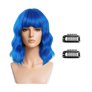 Vasemele Bob Perruque Ondul&eacute;e avec Frange Perruque Courte Bleue pour Femme Perruque Courte pour Femme Longueur D'&eacute;paule Courte Curly Perruque Femme Courte Ondul&eacute;e pour Tous Les Jours, F&ecirc;te (Vasemele, neuf)