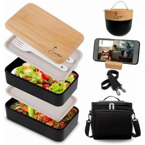 Escape serenity Boîte Bento Lunch Box Noir 2 Étages à Compartiments Avec Bol, Couverts, Petit Sac Isotherme Et Support Téléphone en Bois - Lunch Box Isotherme Pratique Pour Repas au Travail (MB&Shopserenity, neuf)