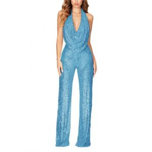 ORANDESIGNE Femme Combinaison &agrave; Paillettes avec Col en V Profond &Eacute;l&eacute;gant Paillet&eacute; Jumpsuit Sans Manches Jambes Larges Playsuit Scintillante Long Pantalon Cocktail Soir&eacute;e Romper A Bleu Clair XXL (Wowmart Zoo X., neuf)