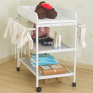 Table à Langer 2 en 1 à Roulette avec Baignoire, De la Naissance à 12 Mois, Charge Max 14 KG, Commode à Langer pour Bébé avec Ceinture de Sécurité et Rangement,84 * 72 * 90cm (blanc) (Hechheu, neuf)