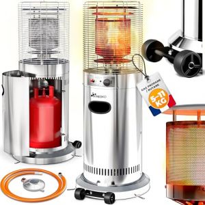 TRESKO Chauffage de terrasse &agrave; gaz 11kW + roulettes, pour bouteilles 5 & 11kg | Chauffage ext&eacute;rieur puissant pour terrasse, balcon, jardin, camping | Parasol chauffant avec tuyau et d&eacute;tendeur (Argent) (DWD-Company, neuf)