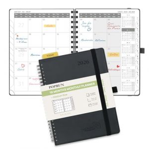 POPRUN Agenda Mensuel 2025 2026, De Juil 2026 &agrave; D&eacute;c 2026-18 Mois 22 x 16,5 cm, 2 Pages par Mois Planner Scolaire Couverture Souple Spirale, R&egrave;gle Signet, Papier 100g/m&sup2;, Noir (Time Works Wonders, neuf)