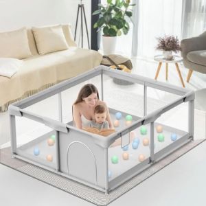 Parc Bebe 180x150 cm, Parc Enfant Avec 50 Balles, 2 Poignées et 1 Panier de Rangement pour Balles, Parc Bébé XXL pour en Bas Âge, centre d'activités pour enfants -Gris (JUTAIB, neuf)