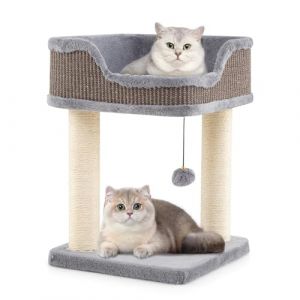 GOPLUS Arbre a Chat à 2 Niveaux avec Balle Suspendue et Clochette, Arbre à Chat Petit avec Perchoir en Peluche, 2 Poteaux à Gratter en Sisal, Centre d'Activité pour Chatons d'Intérieur (Gris) (Augenstern24, neuf)