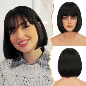 BARSDAR Noir Perruque avec Franges, 30cm Courte Bob Perruque avec Franges Droite Bob Perruque Naturel Courte Noir Perruque Synthétiques pour Les Femmes Cosplay Quotidienne De La Fête (Naturel Noir) (BARSDAREU, neuf)