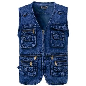 KTWOLEN Homme Classique Décontractée Extérieur Veste Denim Gilet de Travail Multi Poches en Jean Veste sans Manche Veste de Blouson, Bleu, M (KTWOLEN, neuf)