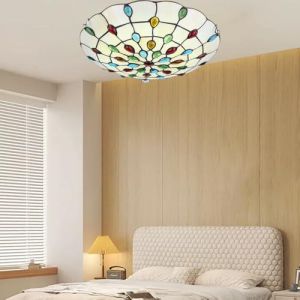 Plafonnier LED rond moderne, abat-jour en verre coloré, plafonnier Tiffany, plafonnier industriel E27, adapté au salon, à la chambre à coucher, à la cuisine, au balcon ou au couloir (forme-C, 30cm) (DONGDI Maoyi, neuf)