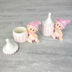 Artif Lot de 2 Contenants à dragées, Figurine Bébé Fille Rose avec Son biberon, Boite en résine Hauteur 7,5 cm, baptême Baby Shower (Soledi Art Deco, neuf)