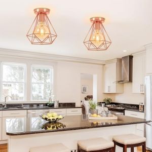 PETITES ECREVISSES 2 Pack Luminaires Plafonniers E27 Industrielles Métal Lustre abat-jour Vintage Suspension forme Diamant Rétro lampe de Plafond pour Chambre Salon Cuisine (Or Rose) (DOO2U, neuf)