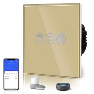 BSEED Interrupteur Volet Roulant Connecté, Interupteur Intelligent WiFi Volet Roulant Compatible avec Alexa Google Home pour Commande Vocale,Minuterie Intelligent en verre, 86MM Or (Bseed-EU, neuf)