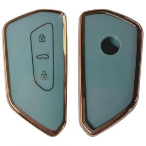 Housse de cl&eacute; de Voiture Compatible avec Golf 8 VW ID3 ID4 GTI GTE Seat Leon MK4 Tarraco Ateca et Skoda Octavia, Coque de cl&eacute; en TPU Silicone Couleur Bord dor&eacute;-Gris, adapt&eacute;e aux cl&eacute;s 3 Boutons (ZhiHuangKa, neuf)