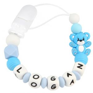 Kowlone Attache Sucette Nom Personnalis&eacute; Prenom Silicones Teddy Ours Attache T&eacute;tine en Clips Cha&icirc;ne pour B&eacute;b&eacute; Filles Gar&ccedil;ons(Bleu) (Kowlone-EU, neuf)