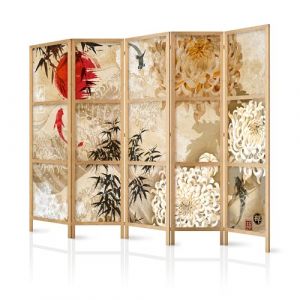 murando - Paravent Int&eacute;rieur Japonais 225x172 cm - S&eacute;parateur de Pi&egrave;ce en Bois Naturel et Toile Imprim&eacute;e - Paravent Oriental Portable et Pliable - Art Japonais Koi Et Chrysanth&egrave;me p-C-0003-bh-c (murando, neuf)
