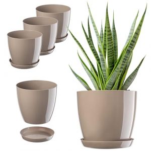 KADAX Lot de Pots Avec Soucoupe, Bac à Fleurs Rond en Plastique Pour l'Intérieur et Plantes d'Intérieur, Pour Herbes Aromatiques (Set 3 : 16 cm, Beige) (KADAX, neuf)