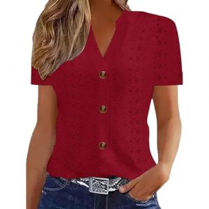 Chemisiers Et Blouses Femme Tunique Chemisier Femme Manche Courte Chic Et &Eacute;L&eacute;Gant Chemises Couleur Unie &Eacute;T&eacute; Ample Haut Top &agrave; Revers L&acirc;Che Respirant Blouse Grande Taille Col V Button T Shirts (⭐⭐⭐⭐⭐5.0 Yaair-OEF, neuf)