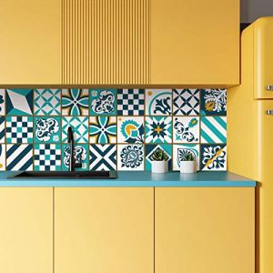 AREDE 32 x Feuilles Mural Stickers Carrelage 2D Imperm&eacute;ables Carreau de Ciment Adhesif, Autocollants Carreaux Dosseret pour Cuisine, Salle de Bain la D&eacute;coration &agrave; la Maison / 10 x 10 cm / T1051 (AREDE HOME DECOR, neuf)