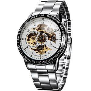 Alienwork IK Montre Automatique Homme Femme Argent Bracelet en Métal Acier Blanc Squelette Fond de Verre (?Alienwork, neuf)